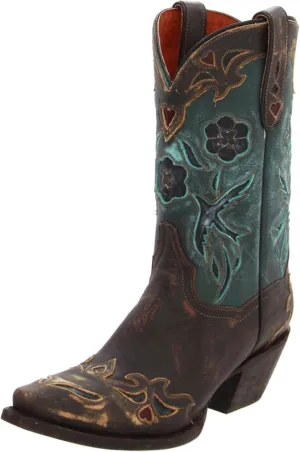 Dan Post Womens Blue Bird Floral Tooled-Inlay Snip Toe Casual Boots Mid Calf Mid Heel 2-3" - Brown