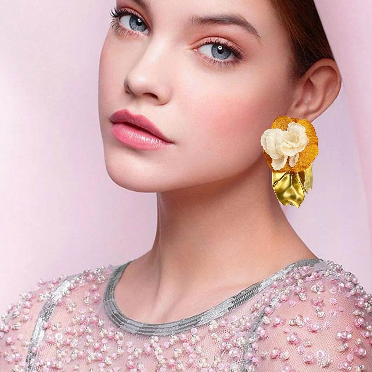 Dangle Acrylic Chiffon Petal Earrings Long Drop Statement Rose Flower Resin Floral Tassel Earrings for Women