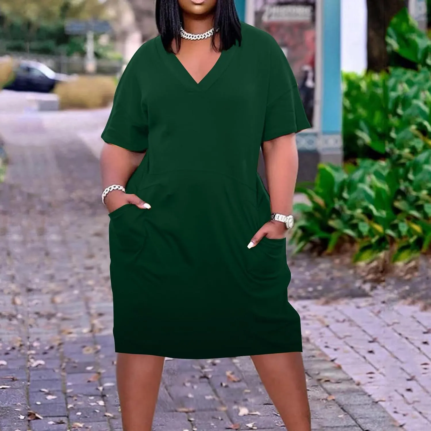 DDAPJ pyju Women's Plus Size Short Sleeve Dress with Pockets Trendy Summer V Neck Midi Dress Comfy Loose Casual Dresses