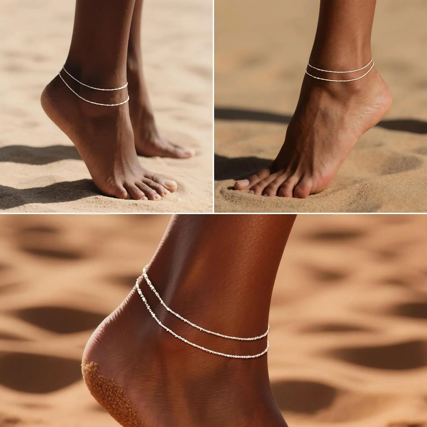 DEARMAY Dainty Layered Silver Ankle Bracelets for Women Waterproof, S925 Sterling Silver Plated Anklets for Women Jewelry Cute Chain Link Anklets Set Pack Summer Beach Gift Teen