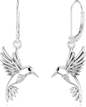 Diamond Hummingbird Earrings for Women Sterling Silver Hummingbird Dangle Earrings Hummingbird Jewelry Gifts for Women Girlfriend Daughter, Sterling Silver, Diamond