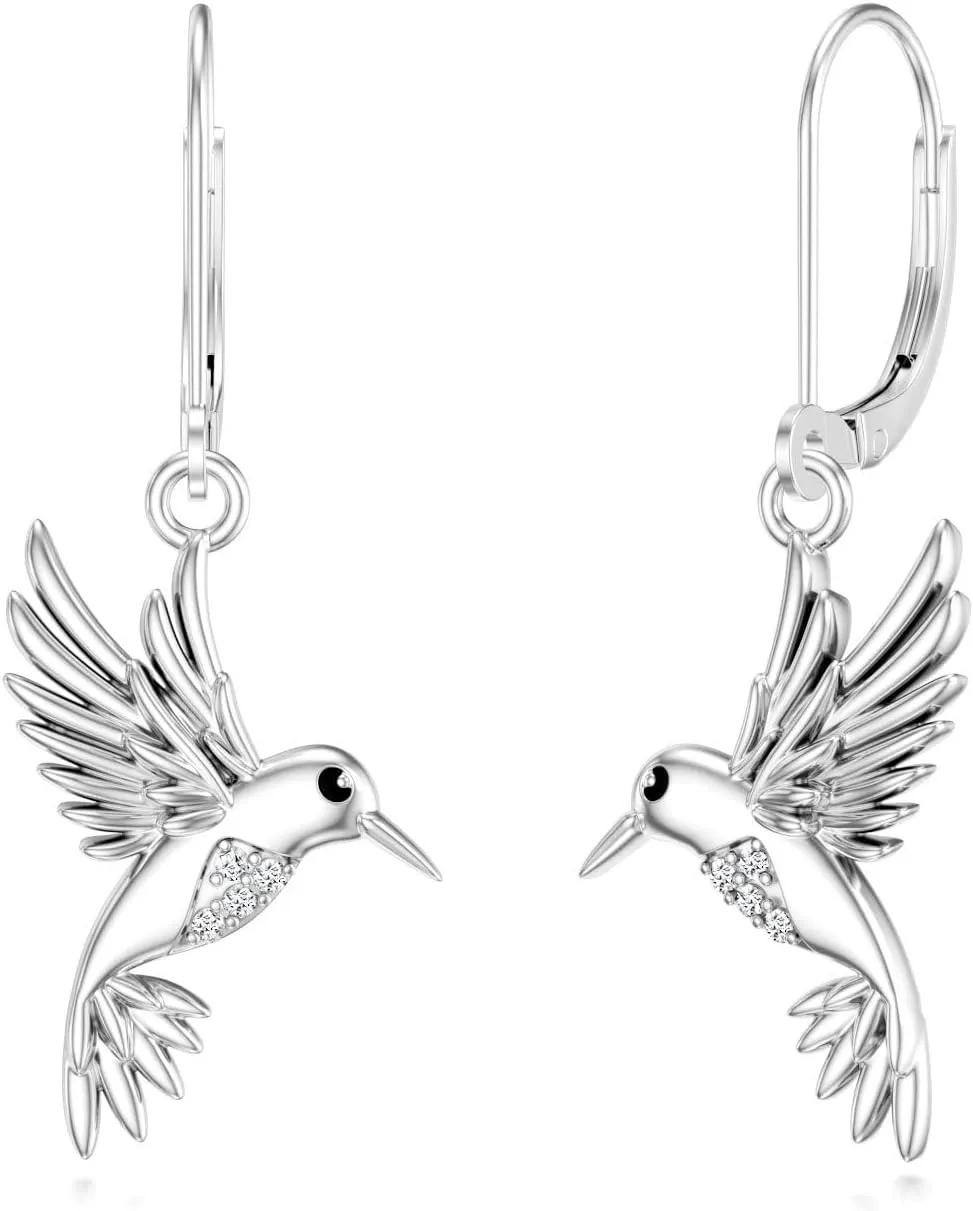 Diamond Hummingbird Earrings for Women Sterling Silver Hummingbird Dangle Earrings Hummingbird Jewelry Gifts for Women Girlfriend Daughter, Sterling Silver, Diamond