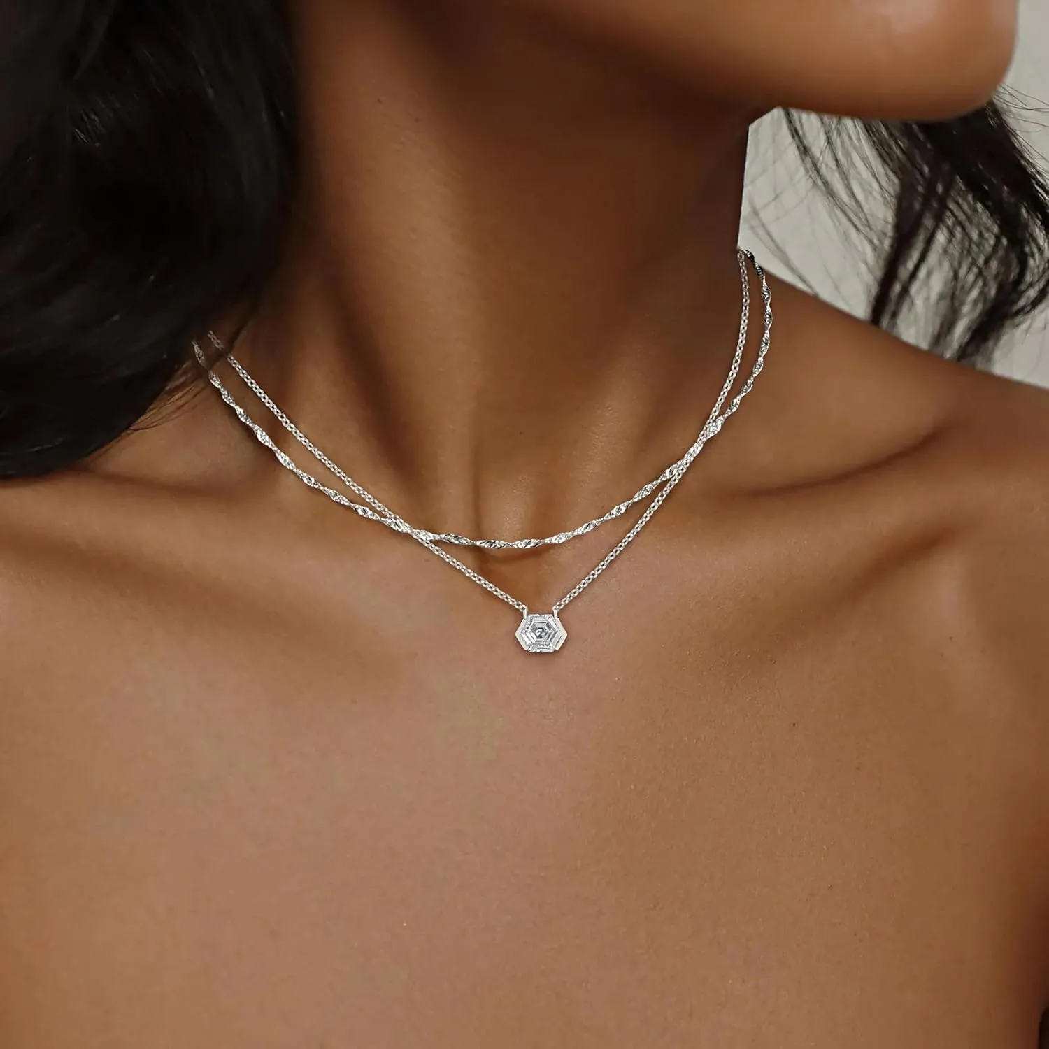 Diamond Necklaces for Women Non Tarnish, Dainty 14K Gold Stack Silver Choker Chain Double Pendant Diamond Necklace, Layered Trendy Simple Prom CZ Jewelry Sets Gifts for Women