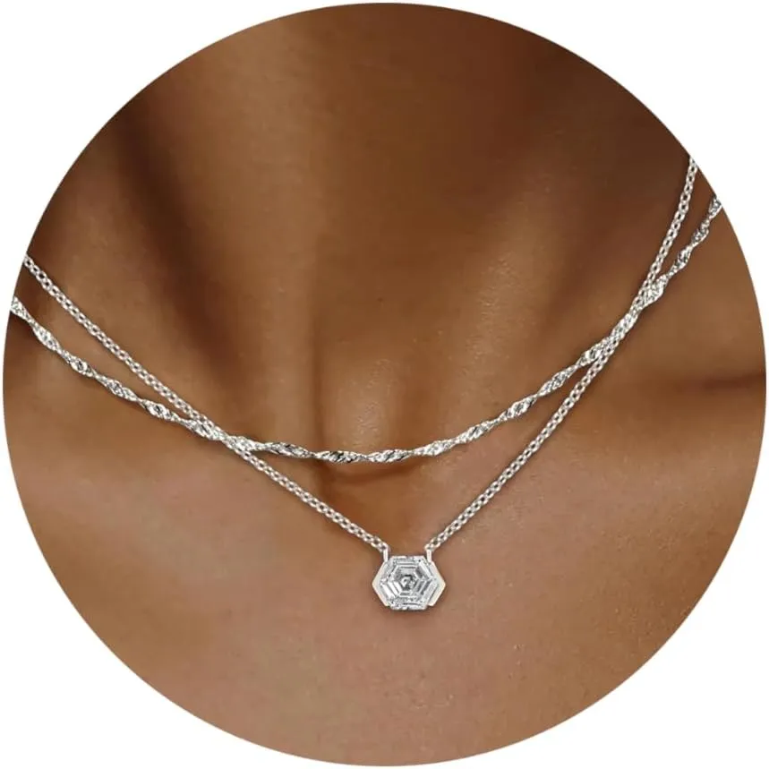 Diamond Necklaces for Women Non Tarnish, Dainty 14K Gold Stack Silver Choker Chain Double Pendant Diamond Necklace, Layered Trendy Simple Prom CZ Jewelry Sets Gifts for Women