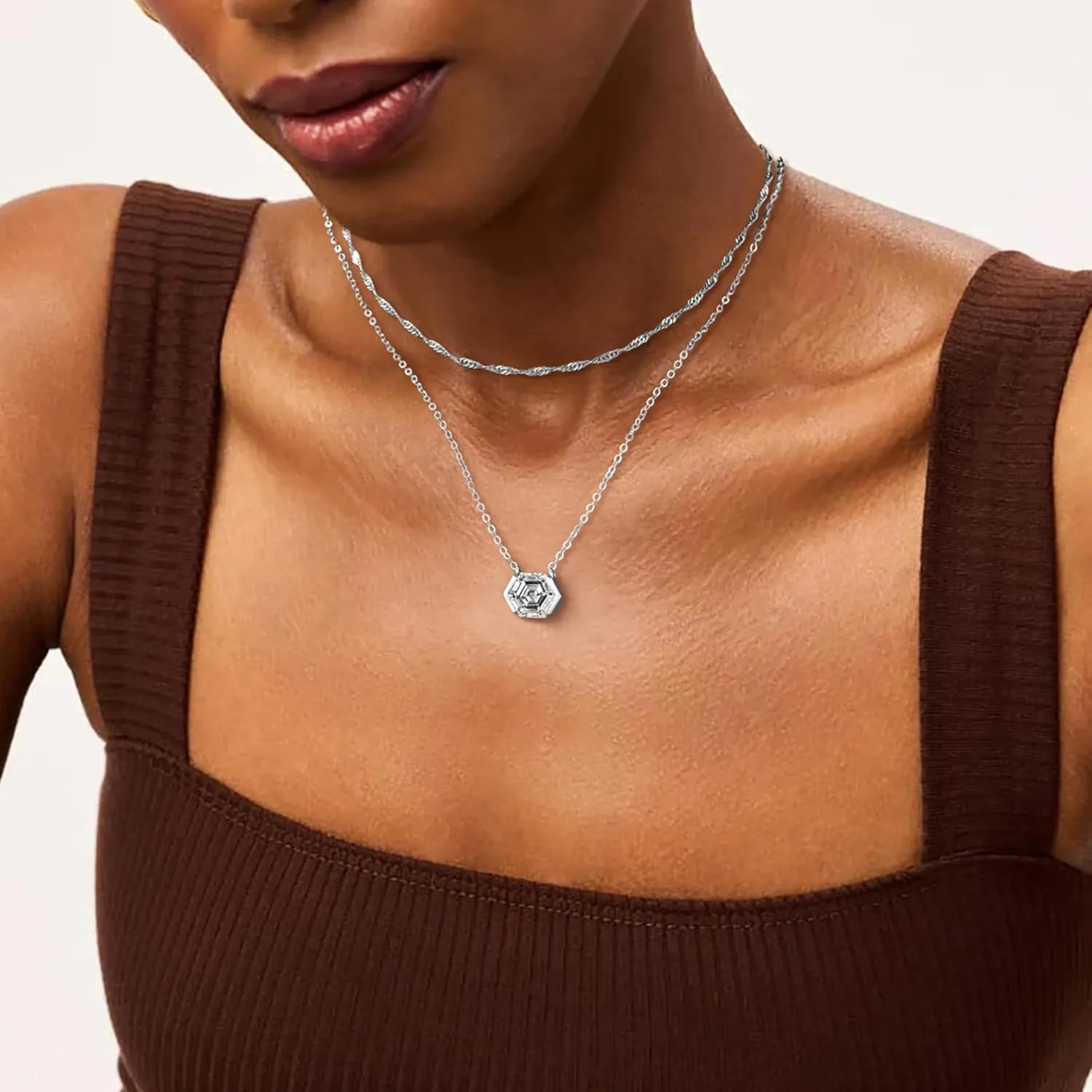 Diamond Necklaces for Women Non Tarnish, Dainty 14K Gold Stack Silver Choker Chain Double Pendant Diamond Necklace, Layered Trendy Simple Prom CZ Jewelry Sets Gifts for Women