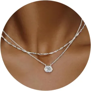 Diamond Necklaces for Women Non Tarnish, Dainty 14K Gold Stack Silver Choker Chain Double Pendant Diamond Necklace, Layered Trendy Simple Prom CZ Jewelry Sets Gifts for Women