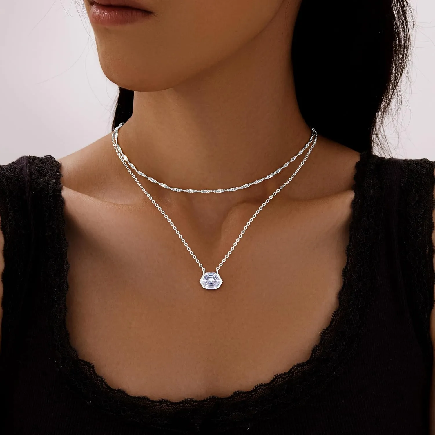 Diamond Necklaces for Women Non Tarnish, Dainty 14K Gold Stack Silver Choker Chain Double Pendant Diamond Necklace, Layered Trendy Simple Prom CZ Jewelry Sets Gifts for Women