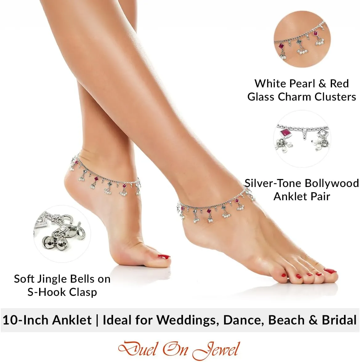 Duel On Jewel Traditional Indian Anklet Payal Sets for Women, Silver-Tone Chain Designs with Soft Bells, Pearls, Enamel, and Bead Charms, Easy-to-Wear S-Hook Clasp, Bridal Wedding Party Dance Jewelry