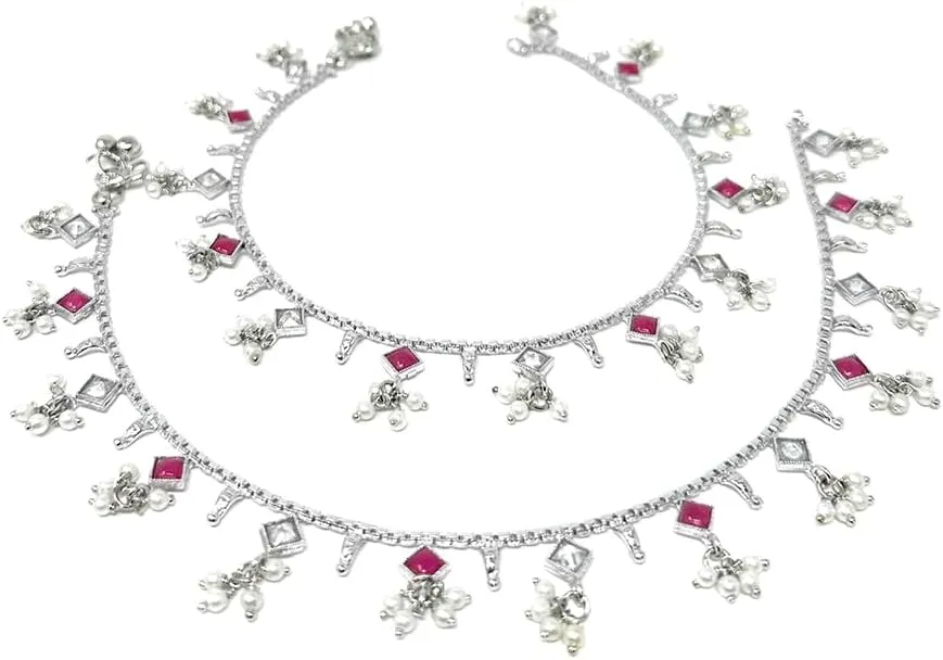 Duel On Jewel Traditional Indian Anklet Payal Sets for Women, Silver-Tone Chain Designs with Soft Bells, Pearls, Enamel, and Bead Charms, Easy-to-Wear S-Hook Clasp, Bridal Wedding Party Dance Jewelry