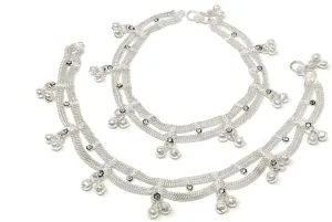 Duel On Jewel Traditional Indian Jhanjar Bell Anklet Payal Set for Women with White Stones, Jhalar Hanging Chain Design with Metal Beads, Silver Finish, 9.63-Inch, Dancing, Beach, Party, Wedding