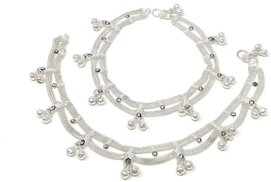 Duel On Jewel Traditional Indian Jhanjar Bell Anklet Payal Set for Women with White Stones, Jhalar Hanging Chain Design with Metal Beads, Silver Finish, 9.63-Inch, Dancing, Beach, Party, Wedding