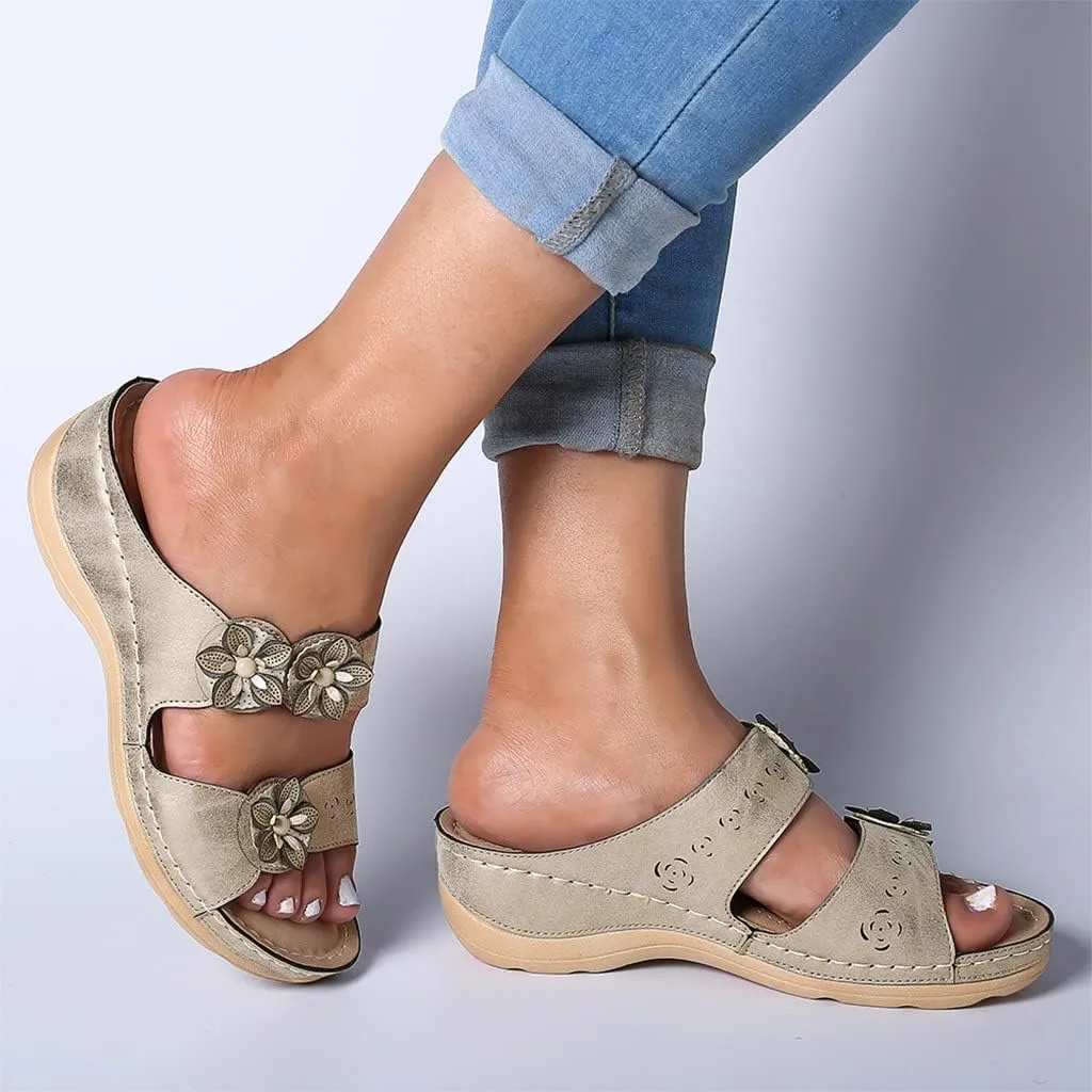 Eduavar Orthopedic Sandals for Women, Sandals Women Comfortable Wedge Sandals Slip On Floral Open Toe Platform Sandals