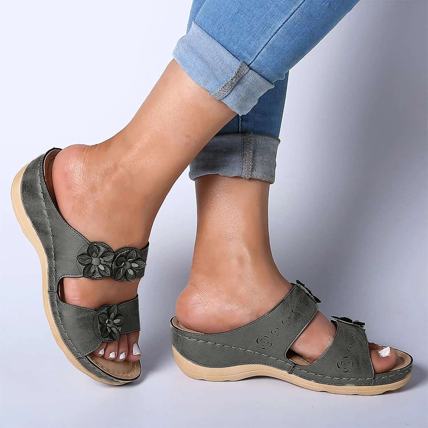 Eduavar Orthopedic Sandals for Women, Womens Sandals Comfortable Wedge Sandals Slip On Floral Open Toe Platform Sandals