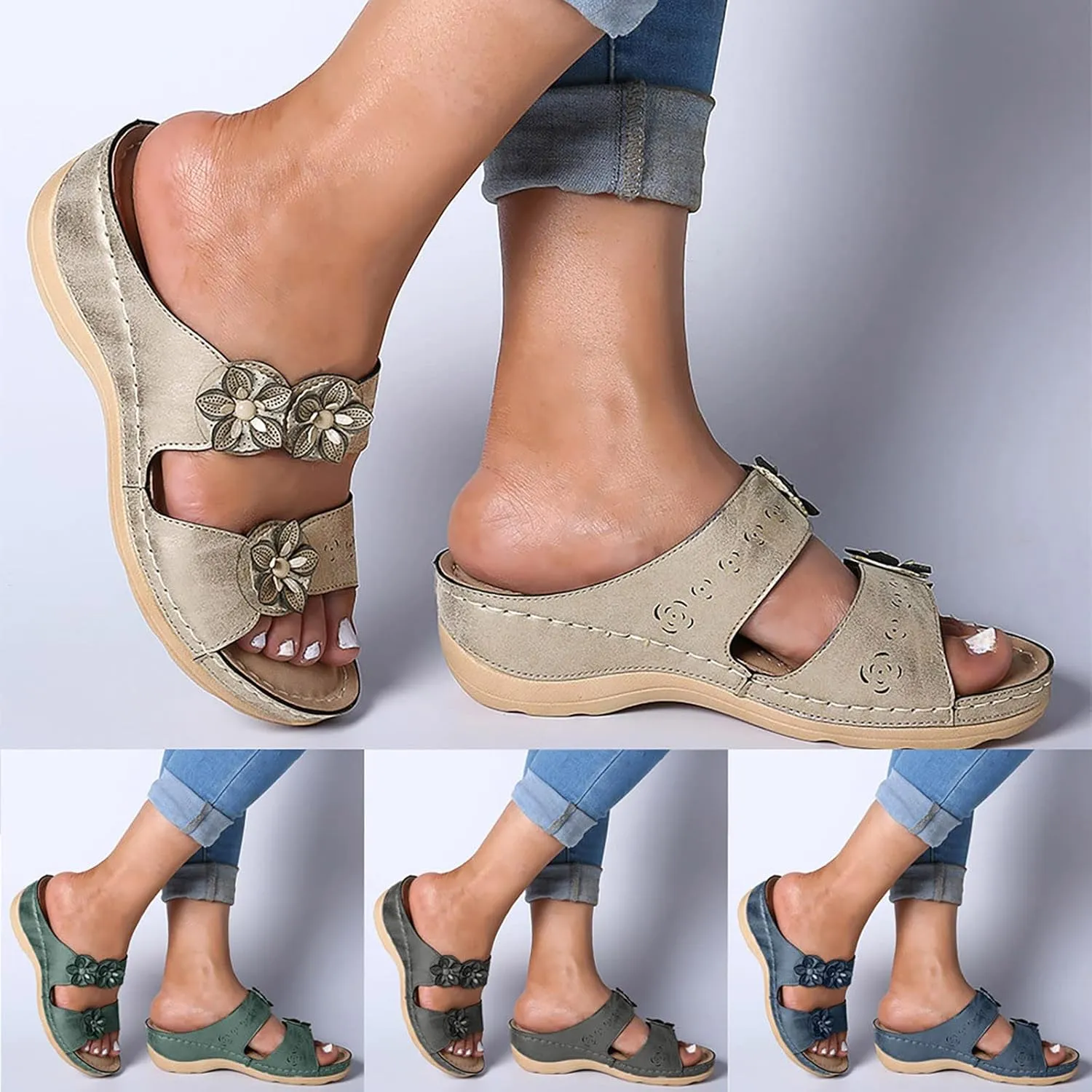 Eduavar Orthopedic Sandals for Women, Womens Sandals Comfortable Wedge Sandals Slip On Floral Open Toe Platform Sandals