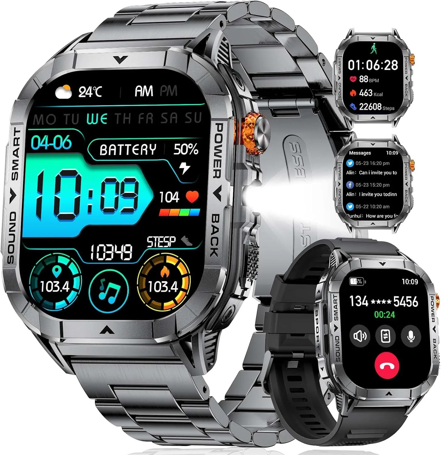 EF17 Mens Smart Watch with LED Flashlight, 2.13'' Amoled HD Display Fitness Tracker Watch, Pedometer/100  Sport Modes/Sleep/5ATM Waterproof Smartwatch, Compatible iOS Android Smart Watches
