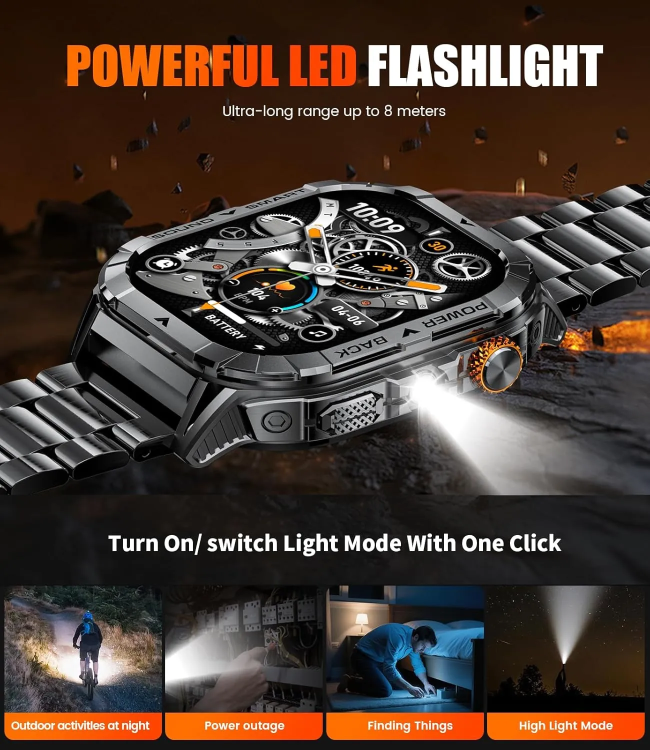 EF17 Mens Smart Watch with LED Flashlight, 2.13'' Amoled HD Display Fitness Tracker Watch, Pedometer/100  Sport Modes/Sleep/5ATM Waterproof Smartwatch, Compatible iOS Android Smart Watches