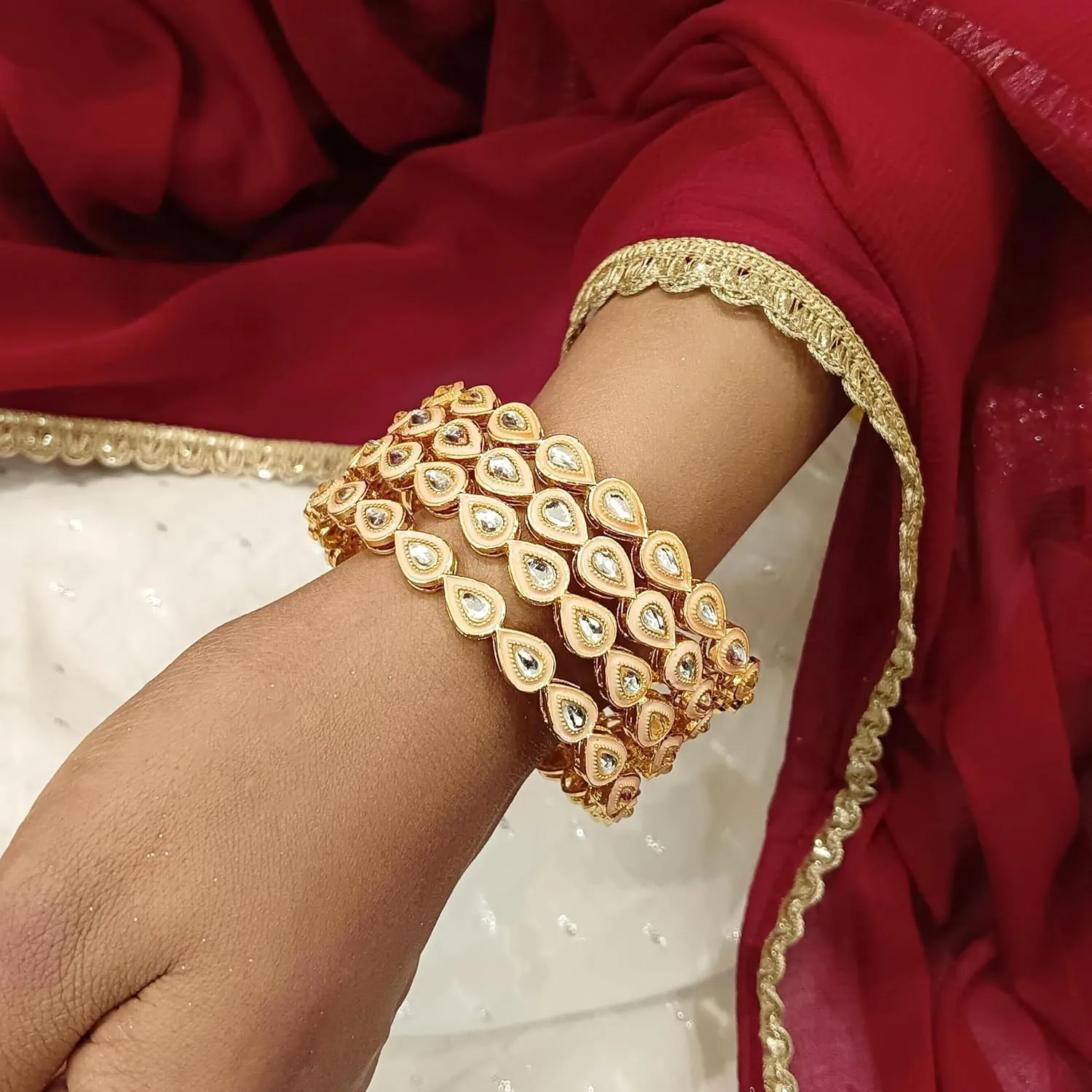 Efulgenz Indian Bangles for Women Indian Bangle Set for Women Stylish Bangle Set Indian Gold Faux Kundan Crystal Pink Bangles Bracelet Indian Bridal Jewelry for Wedding Bollywood Fashion Jewelry