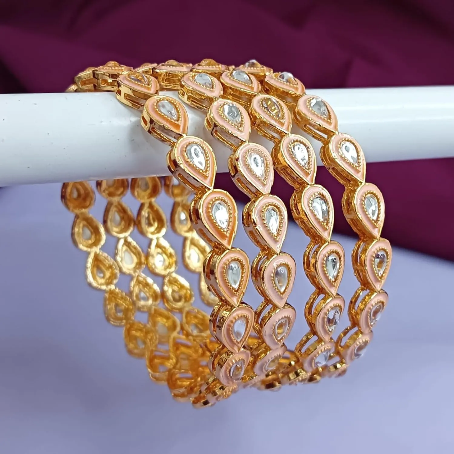 Efulgenz Indian Bangles for Women Indian Bangle Set for Women Stylish Bangle Set Indian Gold Faux Kundan Crystal Pink Bangles Bracelet Indian Bridal Jewelry for Wedding Bollywood Fashion Jewelry