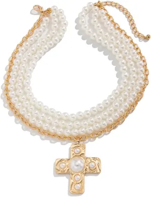Elegant Pearl Choker Necklace with Gold/Silver Cross Pendant Luxurious Jewelry for Women