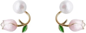 Enamel Tulip Pearl Earrings for Women Pearl Flower Floral Stud Earrings Wedding Birthday Party Jewelry