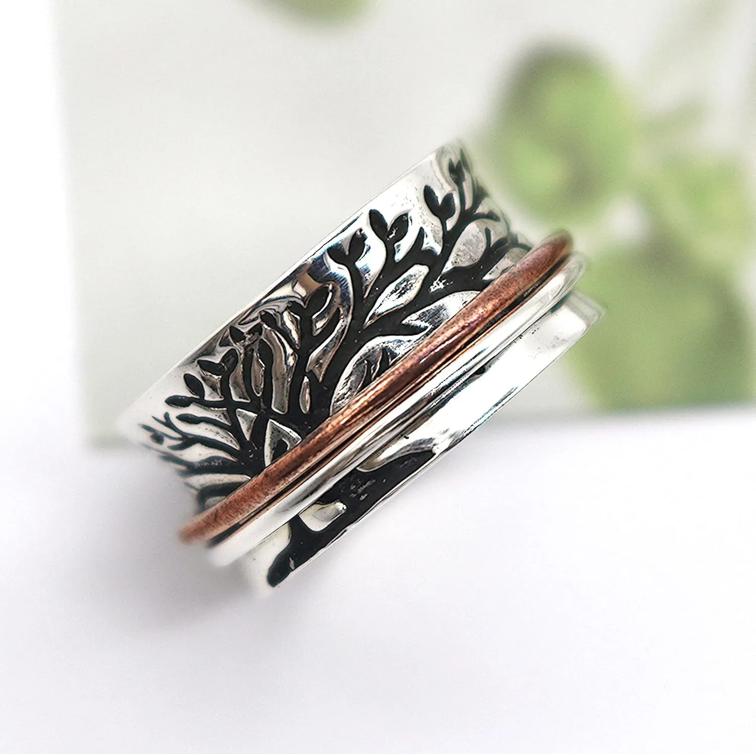 ENERGY STONE 925 Sterling Silver Fidget Ring | Couple Spinner Ring | Double Tree | Two People From Different Roots Grow to Become One | Promise Anniversary Engagement Wedding Silver Ring | Size 5-11