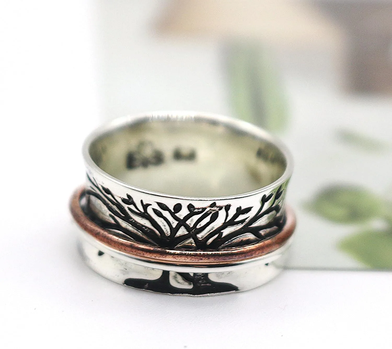 ENERGY STONE 925 Sterling Silver Fidget Ring | Couple Spinner Ring | Double Tree | Two People From Different Roots Grow to Become One | Promise Anniversary Engagement Wedding Silver Ring | Size 5-11
