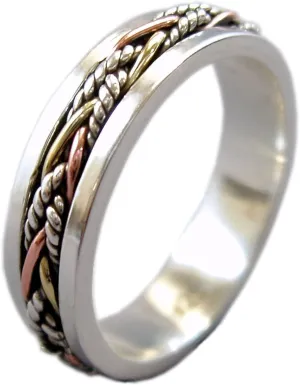 ENERGY STONE 925 Sterling Silver Fidget Ring | Unisex Silver Band | Spinner Ring in Twine, Palm Leaf, or Plum Blossom Styles | Tri-Color Braided or Beaded Bands | Band Spins In Its Track | Sizes 5-12