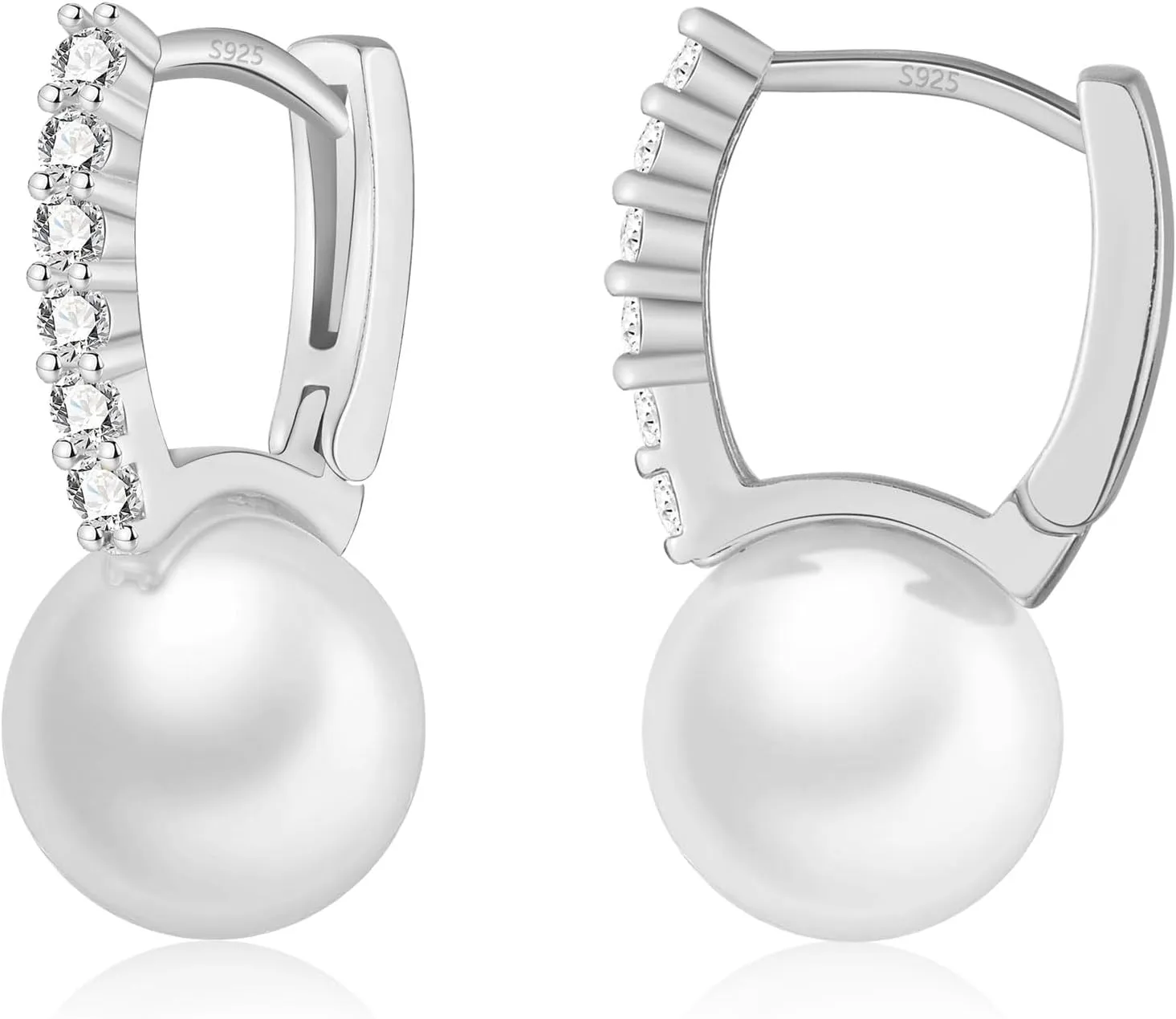 EPIRORA Sterling Silver Pearl Hoop Earrings for Women, Cubic Zirconia Huggie Earrings Jewelry Wedding Prom Birthday Gifts