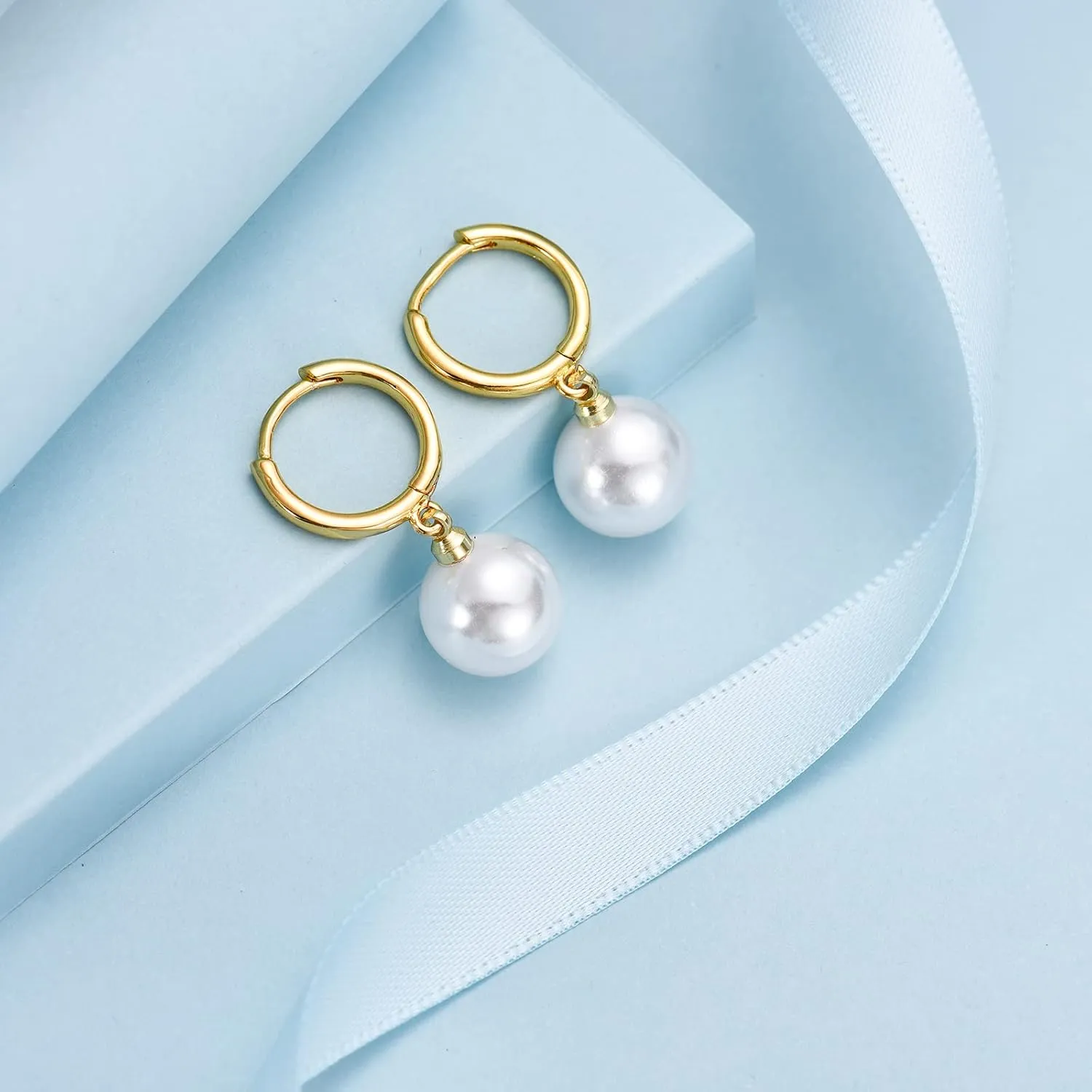 EPIRORA Sterling Silver Simulated Shell Pearl Hoop Earrings Cubic Zirconia Dangle Drop Earrings Jewelry for Women 10mm, Silver/Gold