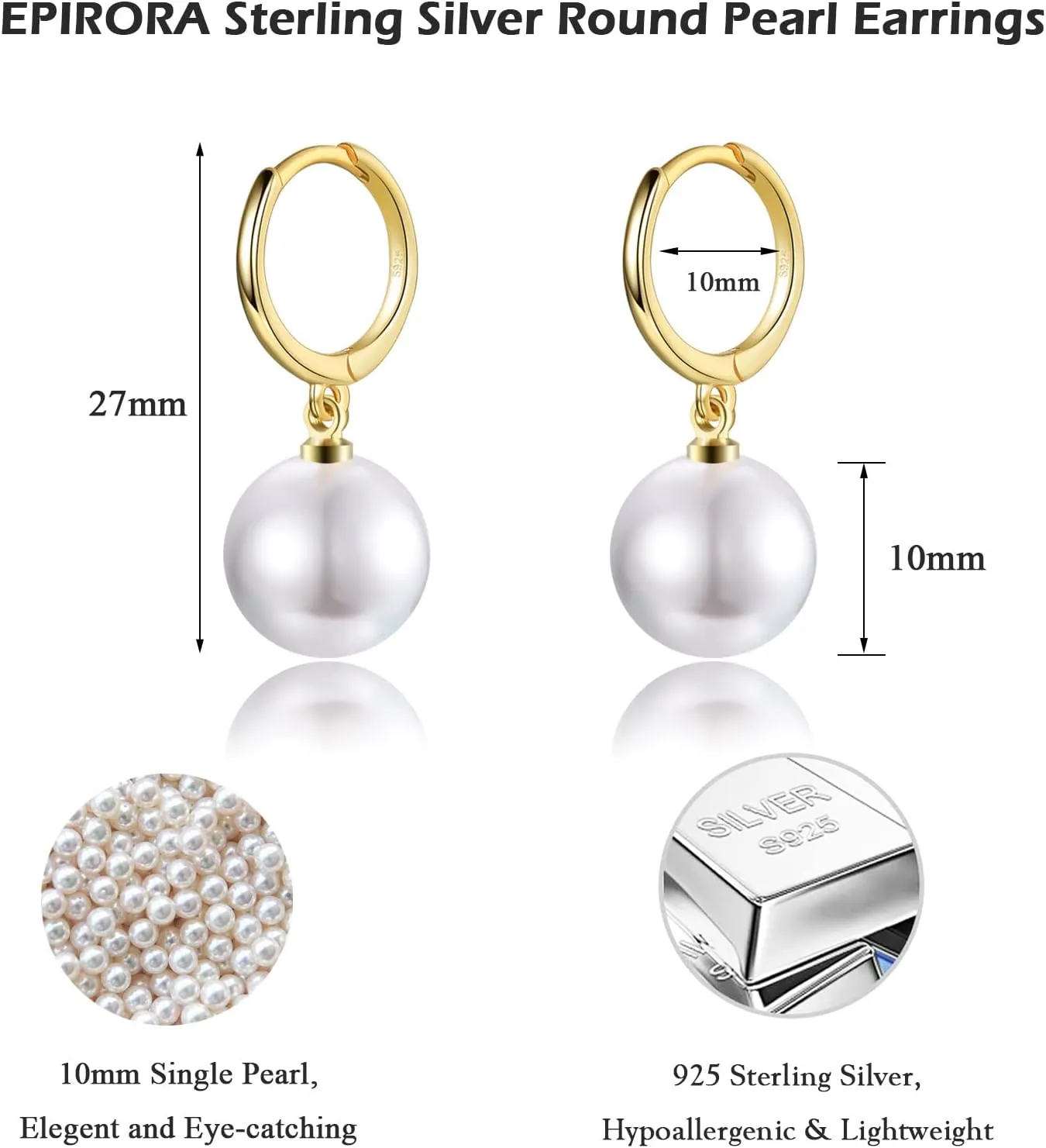 EPIRORA Sterling Silver Simulated Shell Pearl Hoop Earrings Cubic Zirconia Dangle Drop Earrings Jewelry for Women 10mm, Silver/Gold
