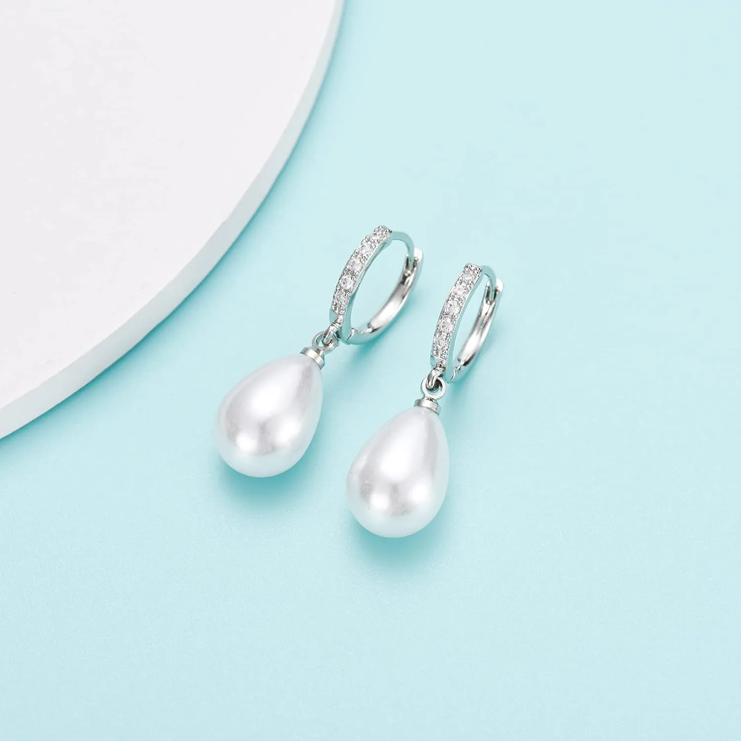 EPIRORA Sterling Silver Simulated Shell Pearl Hoop Earrings Cubic Zirconia Dangle Drop Earrings Jewelry for Women 10mm, Silver/Gold