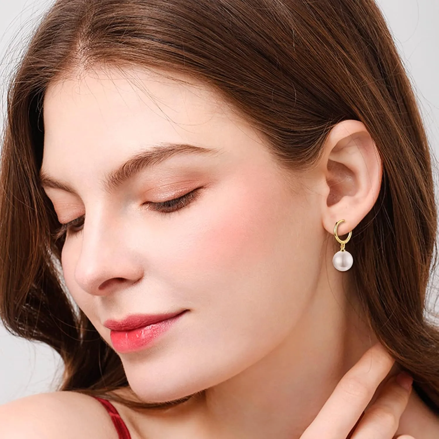 EPIRORA Sterling Silver Simulated Shell Pearl Hoop Earrings Cubic Zirconia Dangle Drop Earrings Jewelry for Women 10mm, Silver/Gold