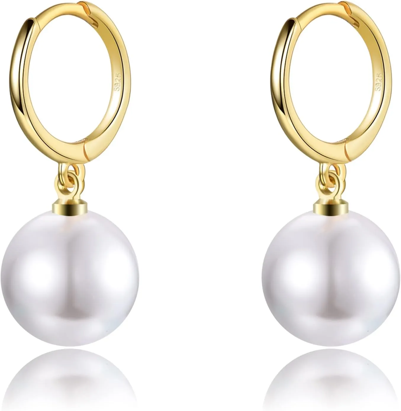 EPIRORA Sterling Silver Simulated Shell Pearl Hoop Earrings Cubic Zirconia Dangle Drop Earrings Jewelry for Women 10mm, Silver/Gold