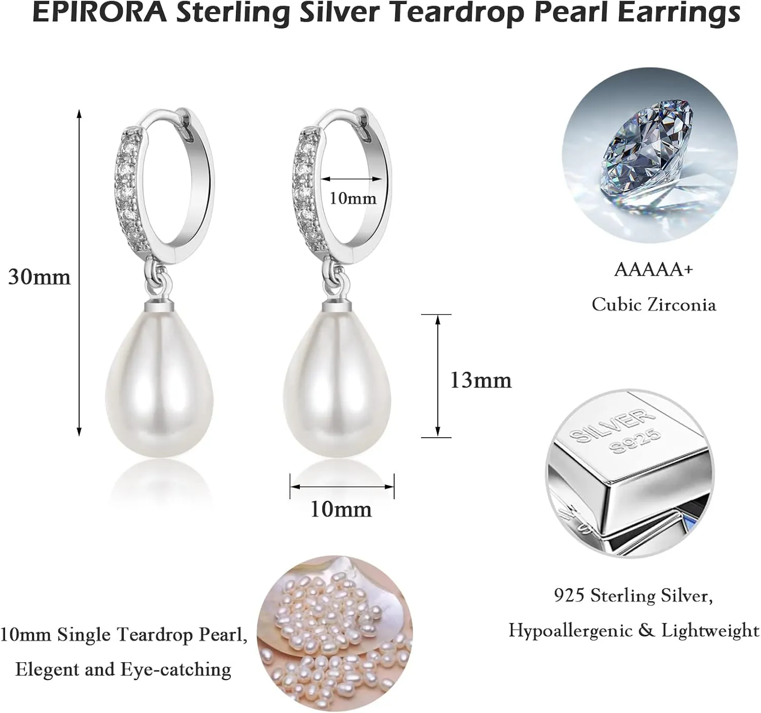 EPIRORA Sterling Silver Simulated Shell Pearl Hoop Earrings Cubic Zirconia Dangle Drop Earrings Jewelry for Women 10mm, Silver/Gold