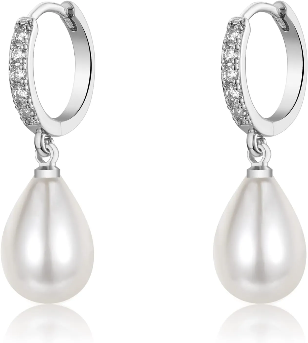 EPIRORA Sterling Silver Simulated Shell Pearl Hoop Earrings Cubic Zirconia Dangle Drop Earrings Jewelry for Women 10mm, Silver/Gold