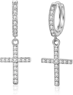EVER FAITH Huggie Hoop Earrings 925 Sterling Silver White CZ Tiny Cross Dangle Earring Minimal Jewelry for Women