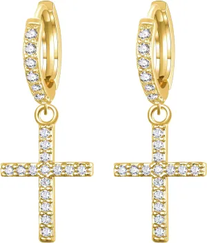 EVER FAITH White Cubic Zirconia Tiny Small Cross Dangle Earrings Huggie Hoop Earring Minimal Jewelry for Women