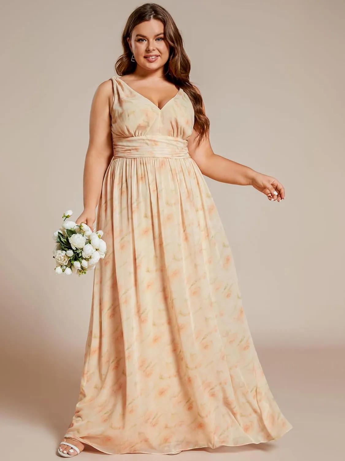 Ever-Pretty V Neck Sleeveless Pleated Chiffon Maxi Plus Size Formal Dresses for Women Bridesmaid Dresses 09016-DA