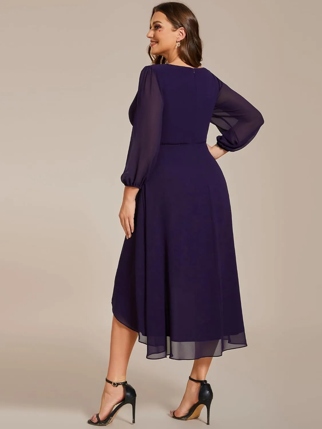 Ever-Pretty Women's A Line Pleated V Neck Chiffon 3/4 Sleeves Midi Plus Size Wedding Guest Dresses 01926-DA
