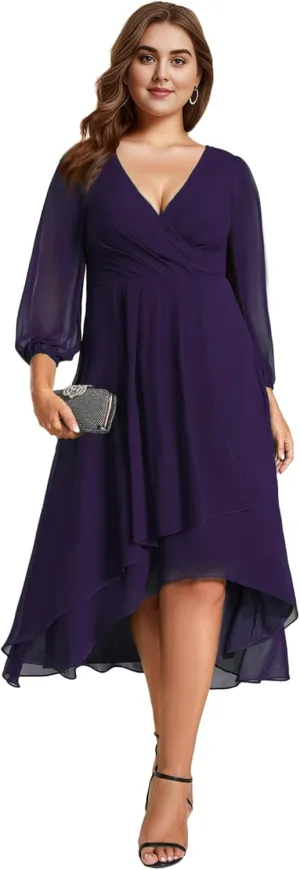 Ever-Pretty Women's A Line Pleated V Neck Chiffon 3/4 Sleeves Midi Plus Size Wedding Guest Dresses 01926-DA