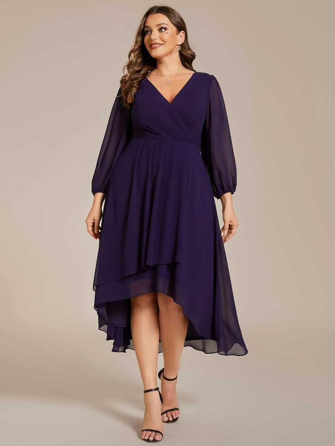 Ever-Pretty Women's A Line Pleated V Neck Chiffon 3/4 Sleeves Midi Plus Size Wedding Guest Dresses 01926-DA