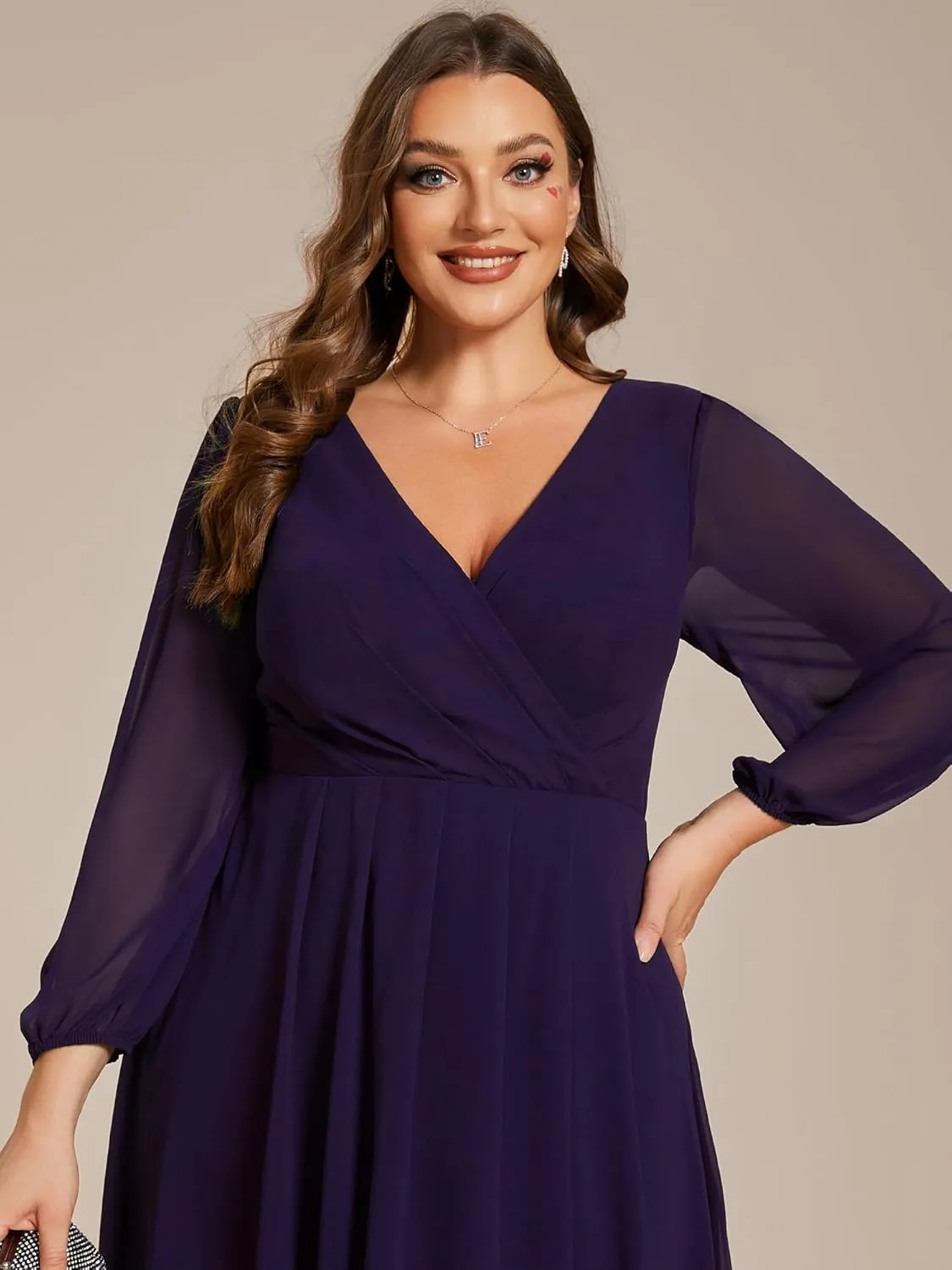 Ever-Pretty Women's A Line Pleated V Neck Chiffon 3/4 Sleeves Midi Plus Size Wedding Guest Dresses 01926-DA