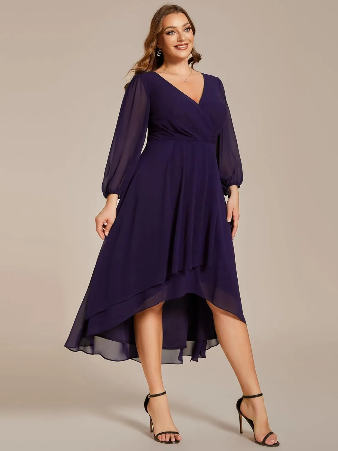 Ever-Pretty Women's A Line Pleated V Neck Chiffon 3/4 Sleeves Midi Plus Size Wedding Guest Dresses 01926-DA