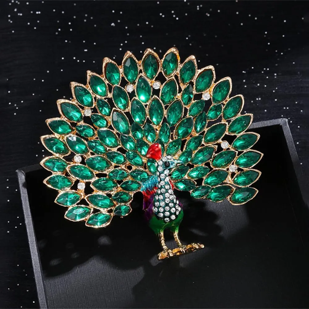 Fancy Rhinestone Big Peacock Brooch Pin for Women Gold Plated Fashion Exquisite Exaggerated Crystal Bird Tail Animal Brooches Lapel Pins Wedding Costume Accessories Jewelry