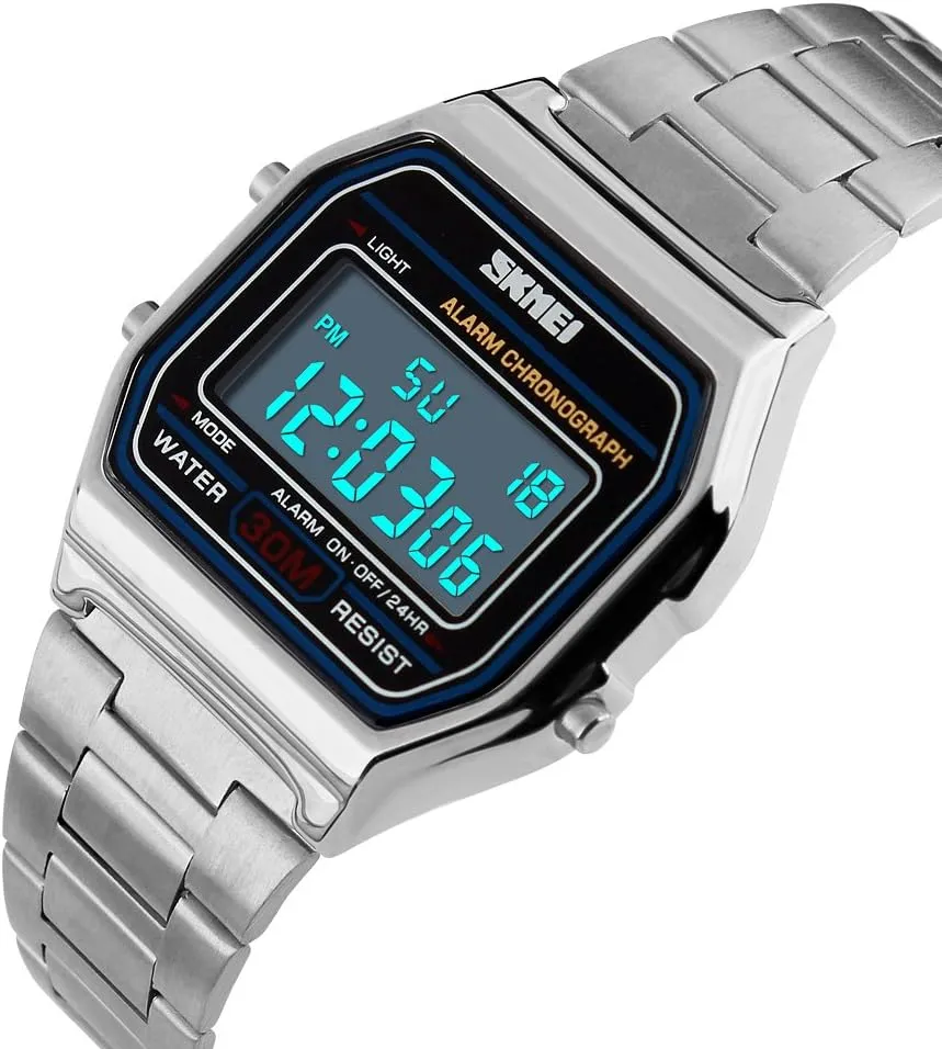 FANMIS Classic Unisex Digital Electronic Multifunctional Military Sports Watch Waterproof Square Led Watch Chronograph Fashion Stainless Steel Business Watches for Men