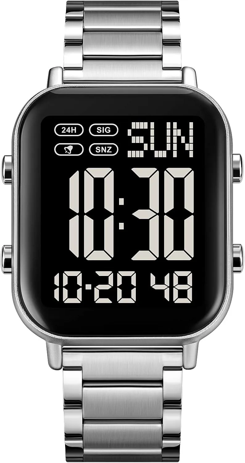 FANMIS Classic Unisex Digital Sports Watches Women's Men's Multifunctional Watch Stainless Steel Band Square Big Numbers Dial Waterproof Electronic Led Watch