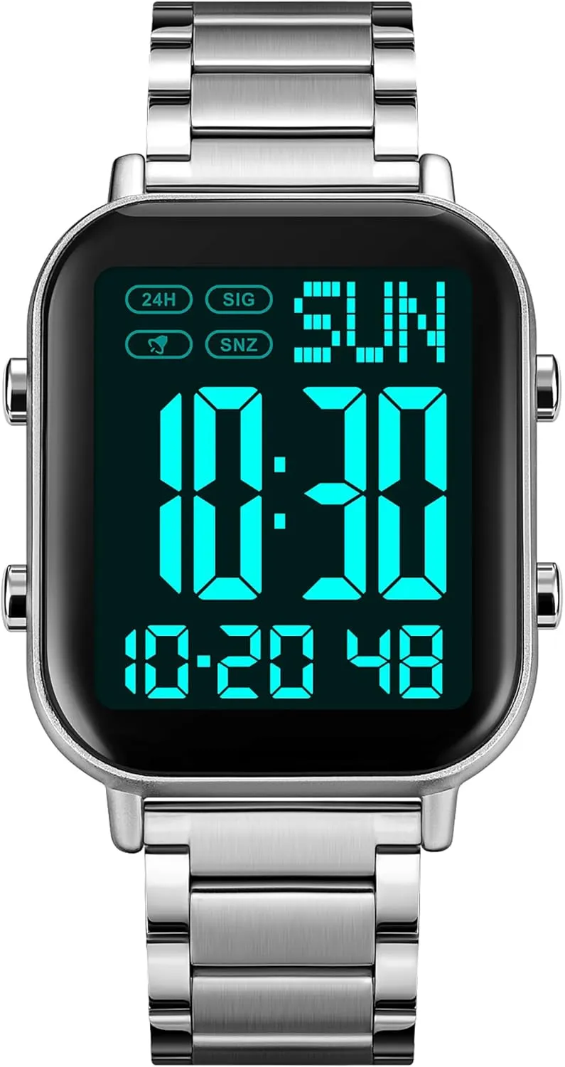 FANMIS Classic Unisex Digital Sports Watches Women's Men's Multifunctional Watch Stainless Steel Band Square Big Numbers Dial Waterproof Electronic Led Watch