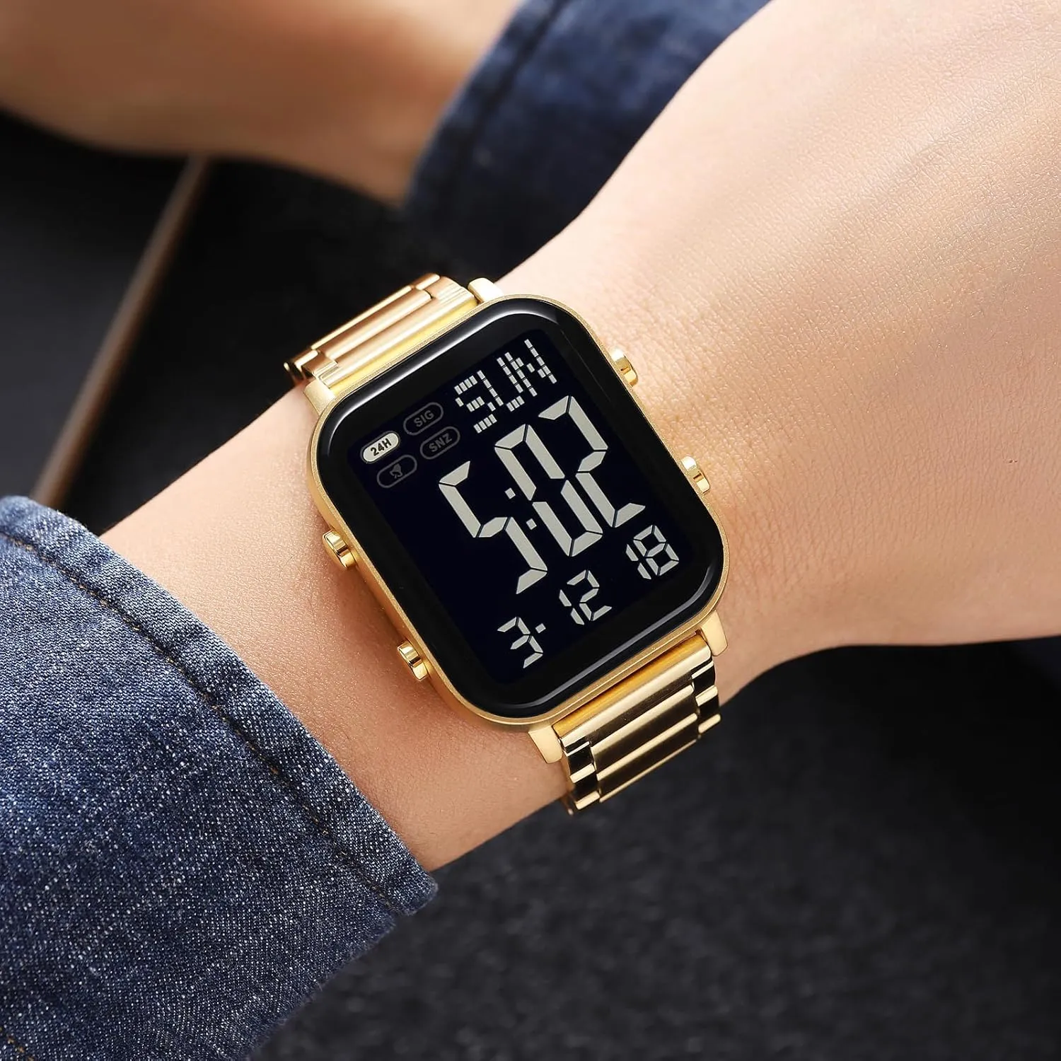 FANMIS Classic Unisex Digital Sports Watches Women's Men's Multifunctional Watch Stainless Steel Band Square Big Numbers Dial Waterproof Electronic Led Watch