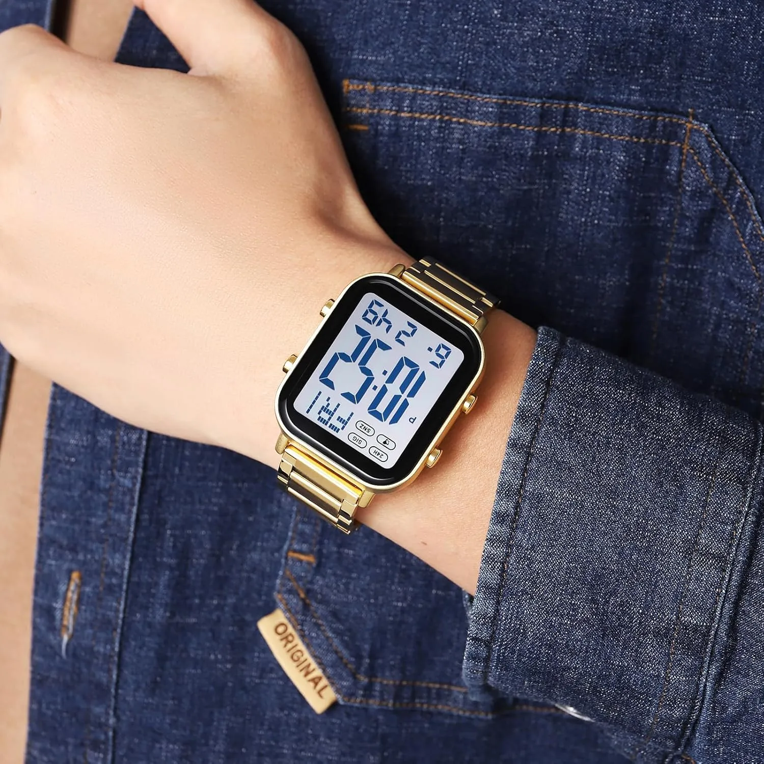 FANMIS Classic Unisex Digital Sports Watches Women's Men's Multifunctional Watch Stainless Steel Band Square Big Numbers Dial Waterproof Electronic Led Watch