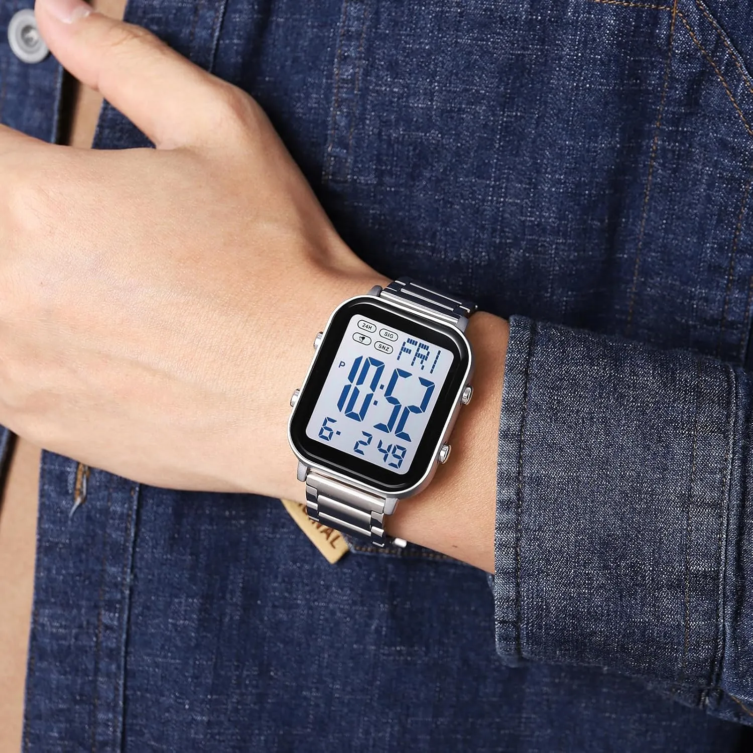 FANMIS Classic Unisex Digital Sports Watches Women's Men's Multifunctional Watch Stainless Steel Band Square Big Numbers Dial Waterproof Electronic Led Watch